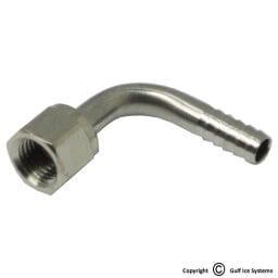 1/4″ barbed SS tube elbow, flared with 1/4″ (7/16-20 thread) nickel-plated brass nut